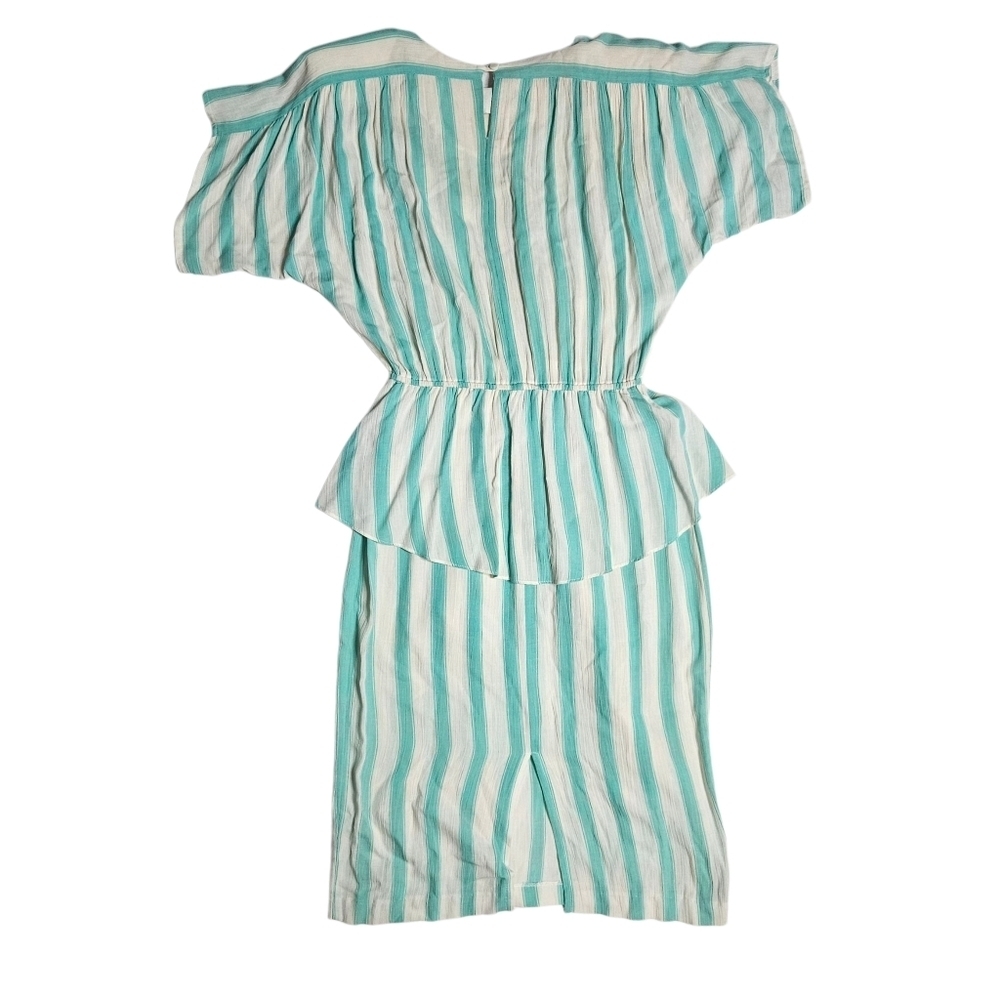 Vintage 80s Phoebe Peplum Midi Dress Aqua Green Ivory Stripe Rayon sz 5-6 - Picture 2 of 9